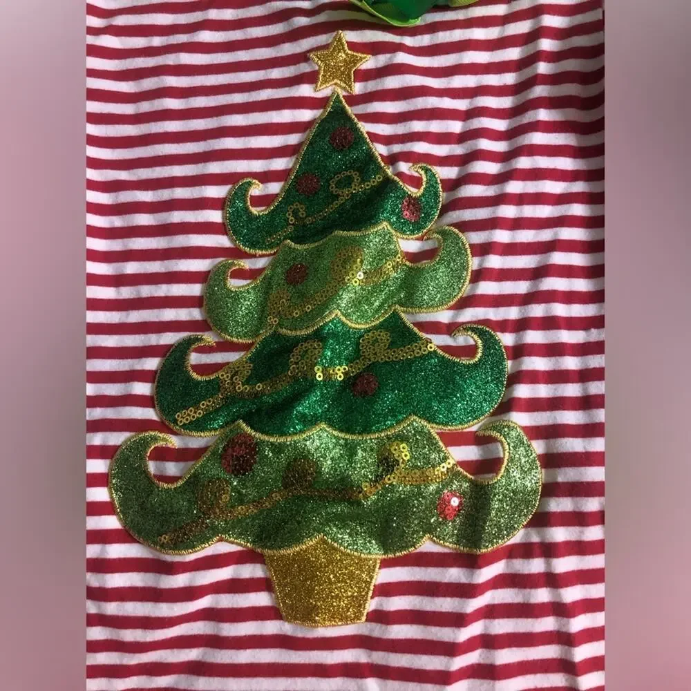 Magical seasons green Christmas tree sparkle red white striped ruffle dress 4/5